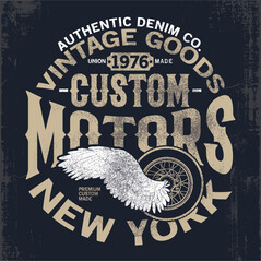 vintage tee print design as vector with motorcycle wheel and wing drawing
