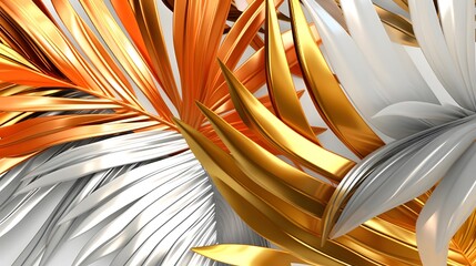 3d rendering of abstract background with golden and silver palm leaves