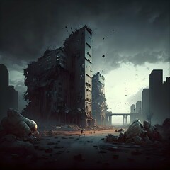 postapocalyptic sci fi ruins haunted by ghosts gothic architecture mega city with sky scrapers all around dense industry dense housing destroyed roads destroy buildings plasma forges dangerous  - obrazy, fototapety, plakaty