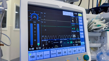 Medical vital signs monitor displaying critical health metrics - blood pressure, pulse, temperature, CO2, and heart rate, symbolizing patient well-being and healthcare monitoring