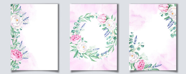 Set of floral background cards. Wedding invitation templates with white and pink peonies, eucalyptus, lavender and purple watercolor splashes. For save the date, greeting cards and cover design.
