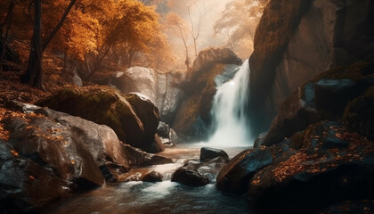 Fototapeta na wymiar Tranquil scene of flowing water in a tropical rainforest ravine generated by AI