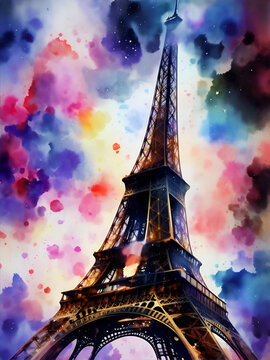 Eiffel Tower watercolor drawing. AI generated illustration