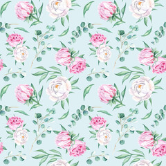 Seamless watercolor pattern with white and pink peonies, eucalyptus branches on blue background. Can be used for wedding prints, gift wrapping paper, kitchen textile and fabric prints.