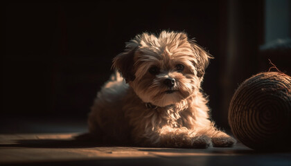 Small, cute terrier sitting outdoors, looking at camera, playful and fluffy generated by AI