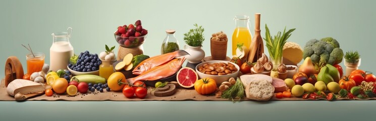 Healthy diet food, ingredients layout for cooking, keto products. Plant food. Banner with place for text. Minimalistic monochrome background. Generative AI