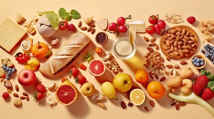 Healthy diet food, ingredients layout for cooking, keto products. Plant food. Banner with place for text. Minimalistic monochrome background. Generative AI