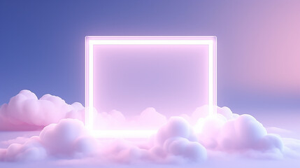 renderização 3D, fundo minimalista abstrato de nuvem pastel e moldura quadrada linear em branco brilhando com luz neon, papel de parede geométrico simples