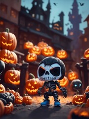 Halloween party poster with skeleton and jack-o'-lantern pumpkins. Digital painting illustration created with Generative AI technology.