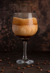 Food photography of iced coffee; dessert, vanilla ice cream, espresso, dalgona, barista, cafeteria, traditional, frozen, americano, milk