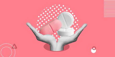 Pharmacology, hormone therapy, medicines and other dietary supplements for pregnant women. Women's health concept. Pink and white pills in hands on pink background. Minimalist art collage