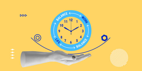 Work and life balance, daily regime, time management. Hand holds a symbolic clock with the sectors...