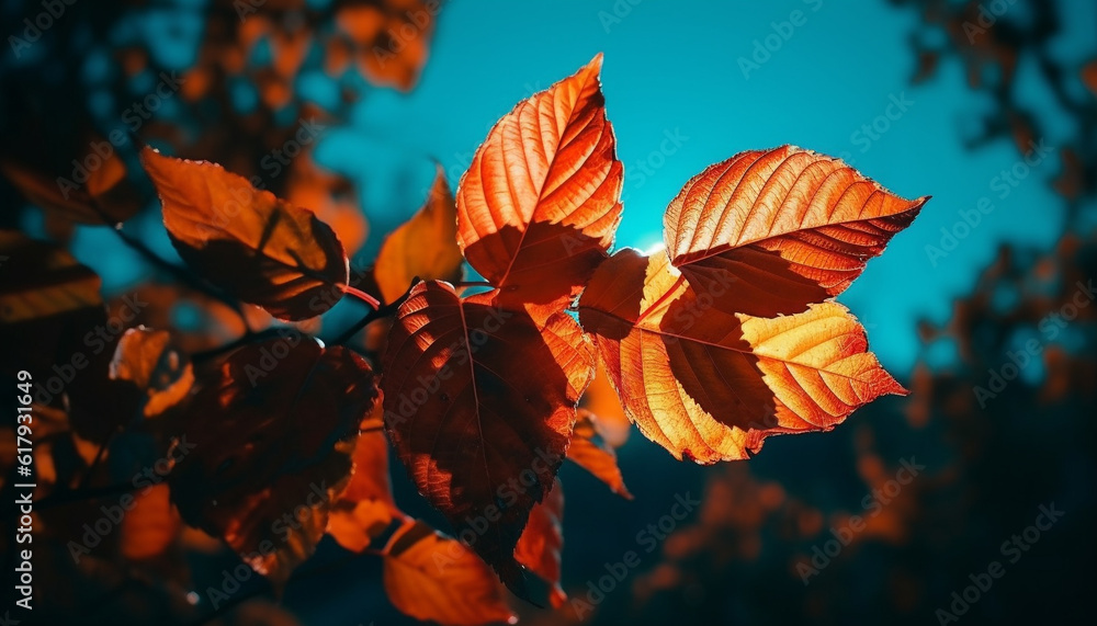 Wall mural vibrant autumn colors on close up maple tree branch in forest generated by ai