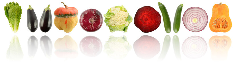 Fresh bright fruits and vegetables in row with light reflection isolated on white