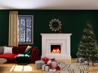 Christmas room interior, 3d render, 3d illustration