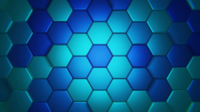 Abstract 3D background hi-tech synthwave seamless loop animation. Videogame landscape with cyan and blue moving hexagon texture. Bright wallpaper. 4k video 3d motion design 30 fps