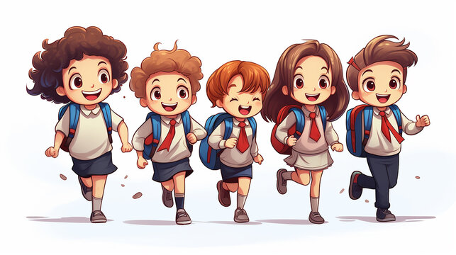 Crianças felizes em idade escolar com mochilas voltam para a escola