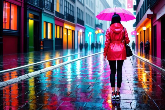A girl standing on wet pavement in sneakers in rain puddle. Female in warm shoes, reflection on water. Evening neon lights. Concept of autumn weather, casual lifestyle, colorful outfit. Generative AI