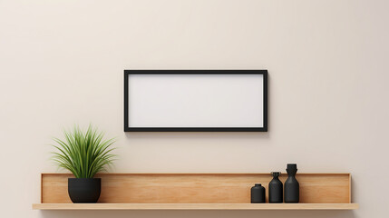 Prateleira de TV de madeira moderna com itens e moldura preta vazia simulada no fundo da parede clara. Design de interiores e sala de estar com lugar para o conceito de propaganda. Renderização em 3D