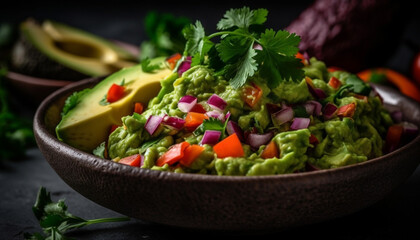 Fresh salad bowl with organic vegetables, avocado, and cilantro garnish generated by AI