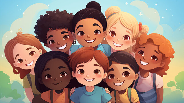 Crian&ccedil;as multirraciais sorriem e olham para a tela, simbolizando amizade e aus&ecirc;ncia de preconceito &eacute;tnico. Alunos adolescentes multirraciais abra&ccedil;ando-se pelo conceito de diversidade e toler&acirc;ncia
