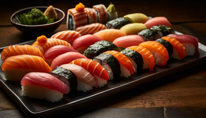 Fresh seafood plate with sashimi, maki sushi, and nigiri generated by AI