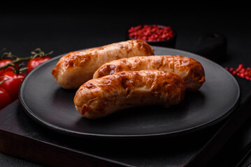 Delicious juicy grilled sausages with salt, spices and herbs on a ceramic plate