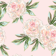 Peony flowers with green leaves bouquets, blush pink background. Floral illustration. Vector seamless pattern. Botanical design. Nature summer garden plants. Romantic wedding