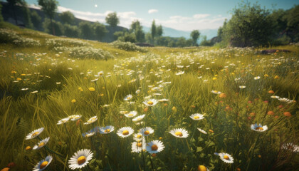Fresh wildflowers bloom in the tranquil meadow under blue skies generated by AI