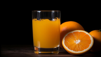 Juicy citrus slice in refreshing drink on wooden table background generated by AI