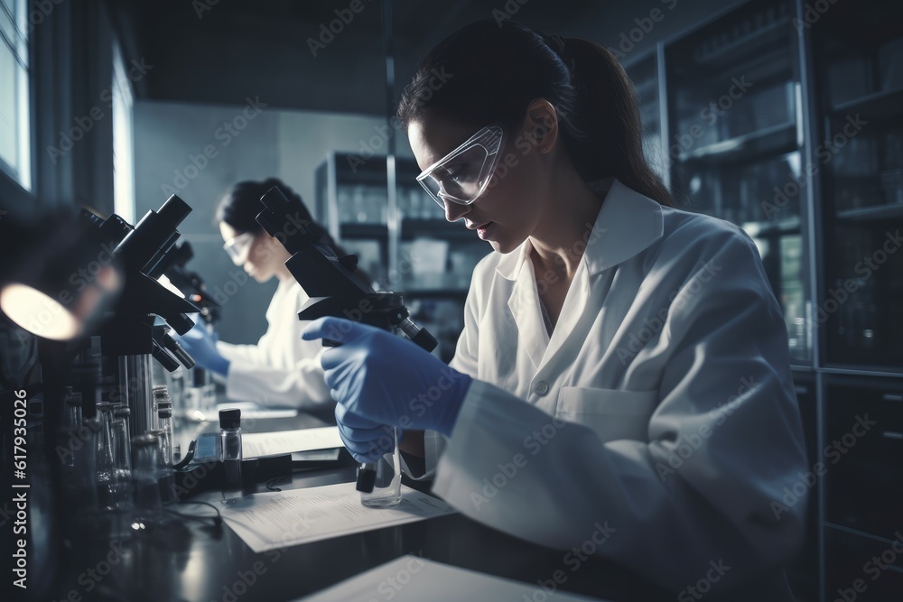 Poster team of scientists working in a laboratory, carefully conducting experiments and analyzing data. gen