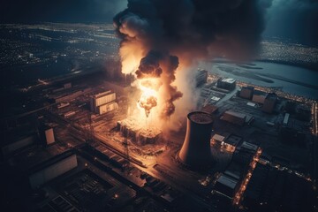 Fototapeta na wymiar Aerial view of Big explosion and fire on power plant. Generative AI
