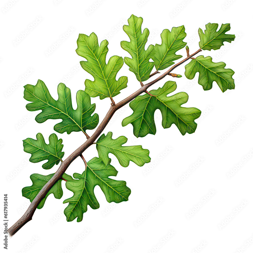 Poster oak treebranch with green leaves isolated on white created with generative ai
