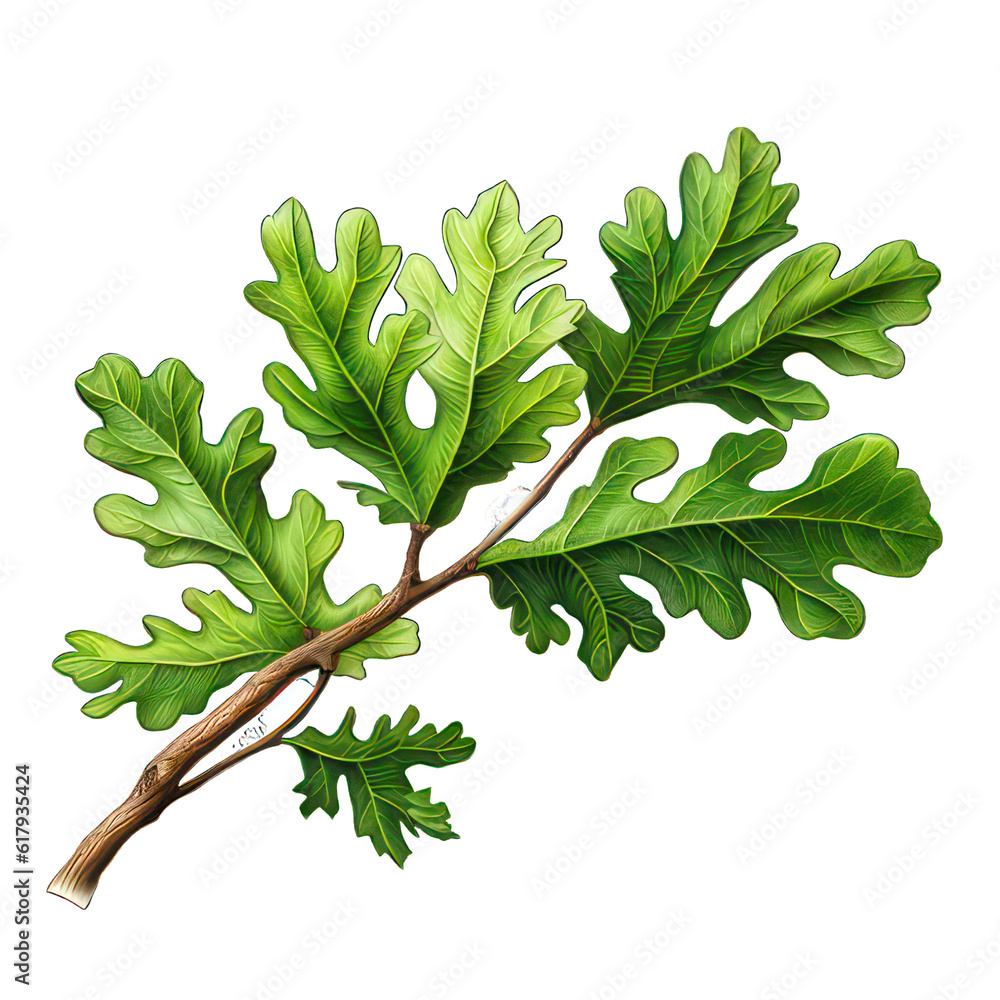 Poster oak treebranch with green leaves isolated on white created with generative ai