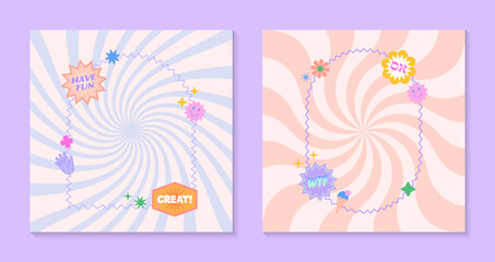 Vector templates with patches and stickers in 90s style.Modern emblems in y2k aesthetic with spiral background.Trendy funky designs for banners,social media marketing,branding,packaging,covers