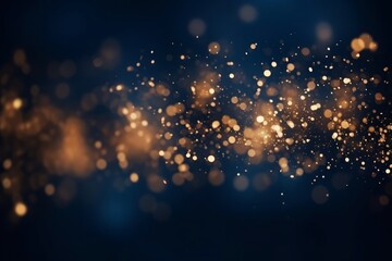 Fototapeta premium Holiday magic: Dark blue and gold particles create a mesmerizing abstract background with Christmas golden light bokeh on a navy blue backdrop. Gold foil texture adds a touch of elegance. GenerativeAI