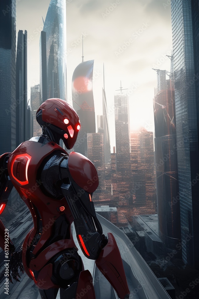 Poster robot with a glowing red visor in cityscape, generative ai