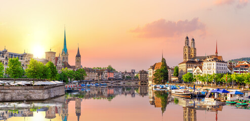 Aerial view on the downtown of Zurich and its reflection, Switzerland