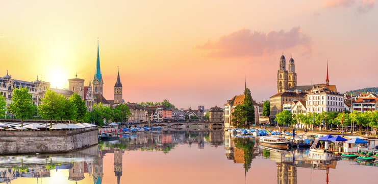 Aerial view on the downtown of Zurich and its reflection, Switzerland