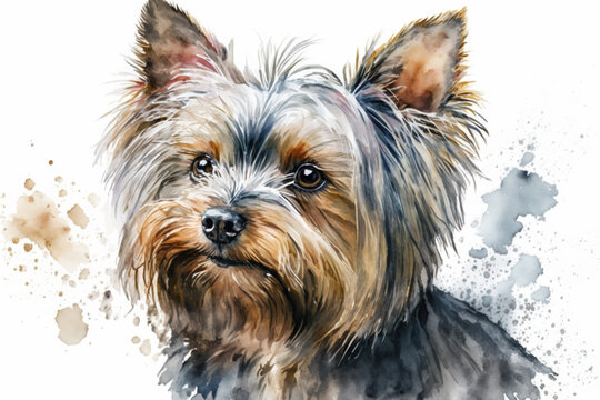 Realistic Portrait of Yorkshire Terrier. Watercolor drawing. Generative AI.