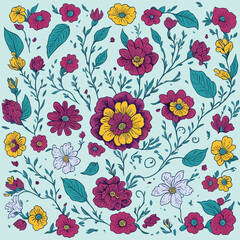 Colorful hand-drawn artistic flowers print. Cartoon style Vector illustration. Fashionable template for design.