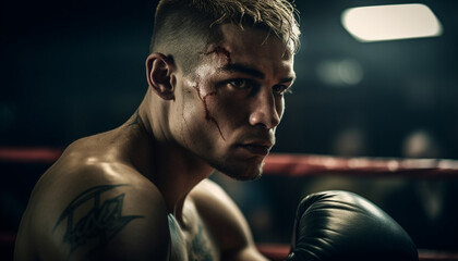 Muscular athlete, determined and confident, trains for competitive sport indoors generated by AI