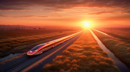 Obraz premium A high-speed train is driving at full speed in the countryside. AI-generated image
