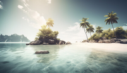 Tropical palm tree coastline, tranquil seascape, beauty in nature generated by AI