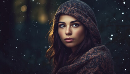 Beautiful young woman in winter fashion, looking outdoors with elegance generated by AI