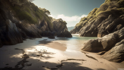 Tranquil waters edge, majestic cliff, eroded sandstone, serene sunset reflection generated by AI