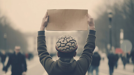 brain hold protest sign on city background