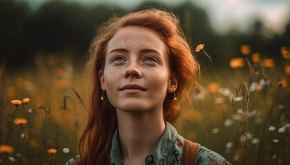 Young adult woman smiling in nature beauty, enjoying freedom and relaxation generated by AI