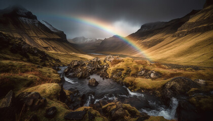 Majestic mountain range, rainbow sky, flowing water, idyllic beauty generated by AI