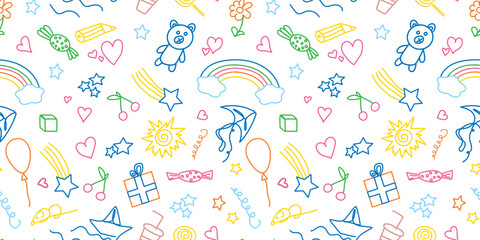 Seamless pattern of children's elements. Colorful funny doodle with kids drawings